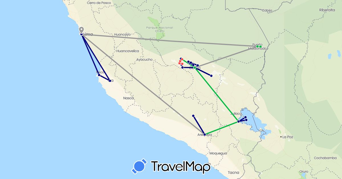 TravelMap itinerary: driving, bus, plane, hiking in Peru (South America)